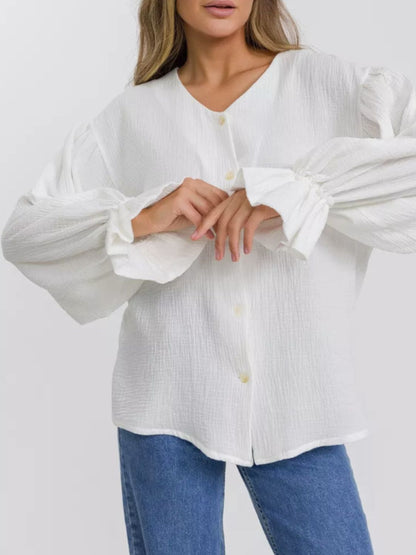 Cotton Button Up Flounce Sleeve Shirt