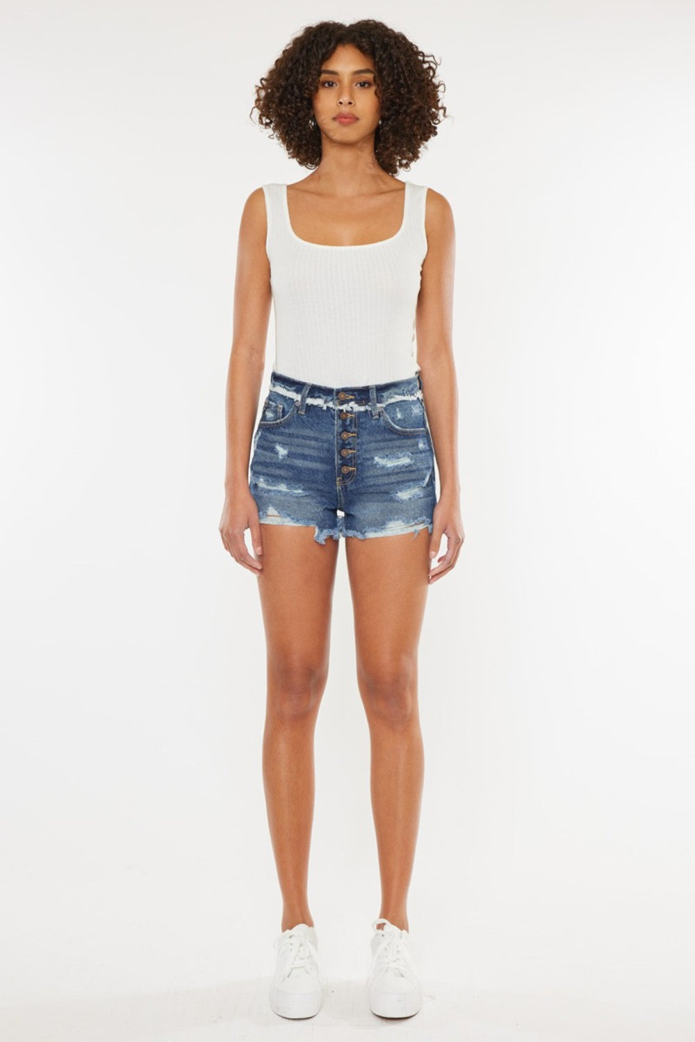 Dark Blue Distressed Button Fly Denim Shorts