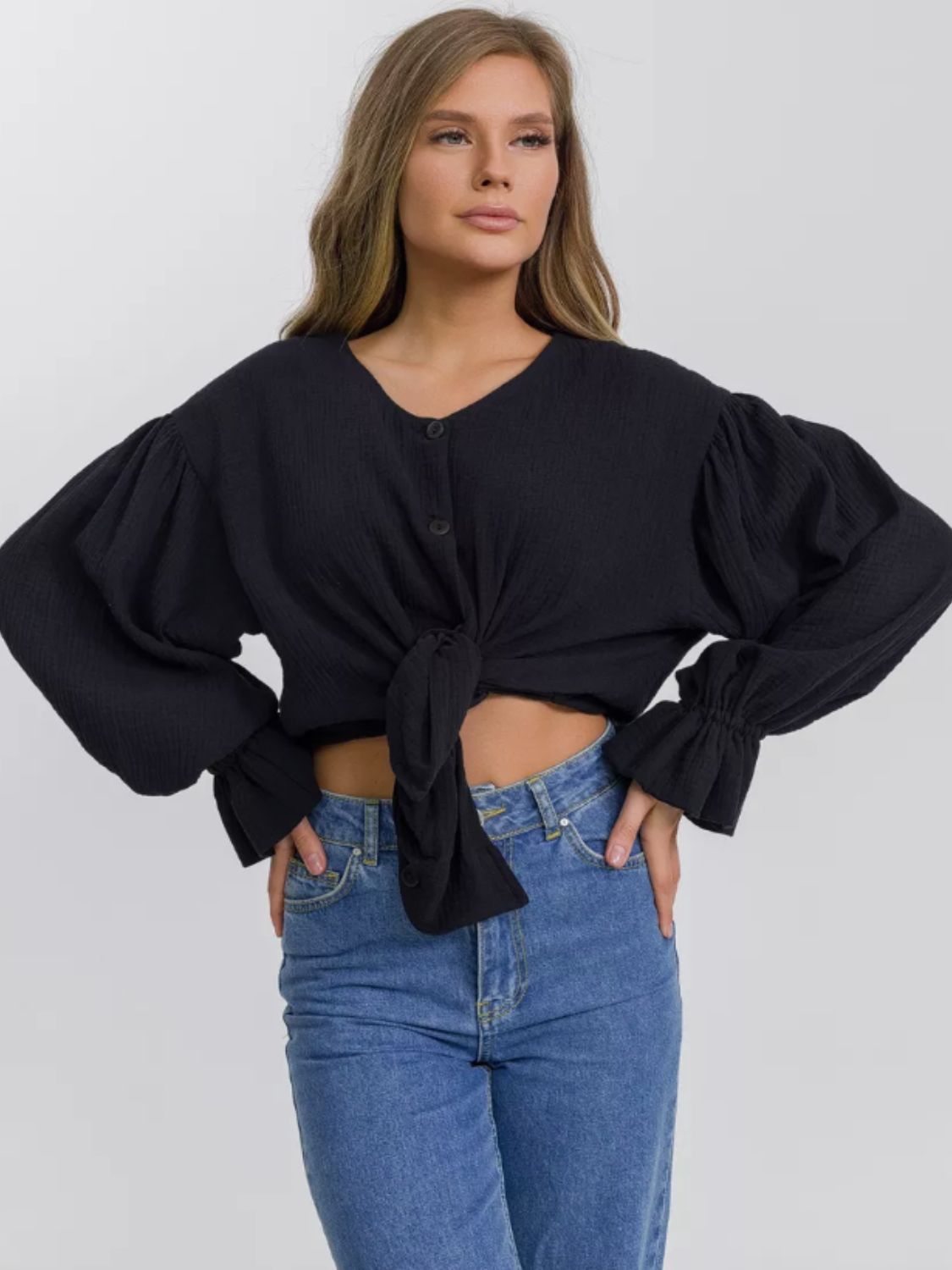 Cotton Button Up Flounce Sleeve Shirt