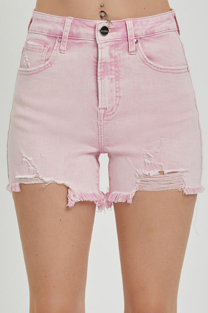 High Rise Distressed Pink Denim Shorts