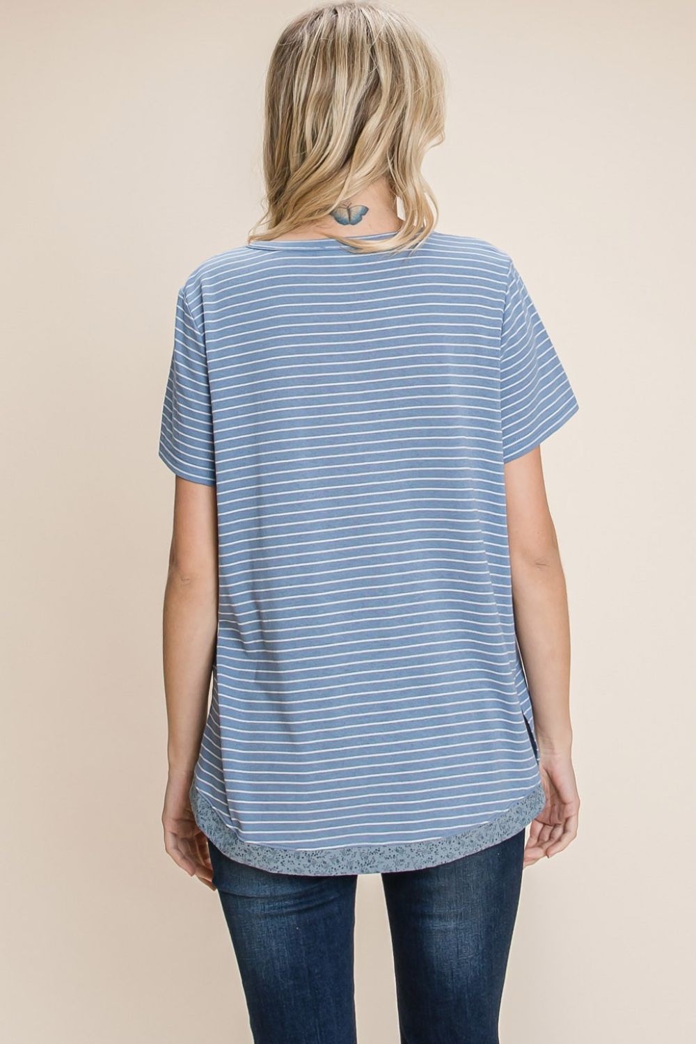 Slit Striped Notched Short Sleeve T-Shirt