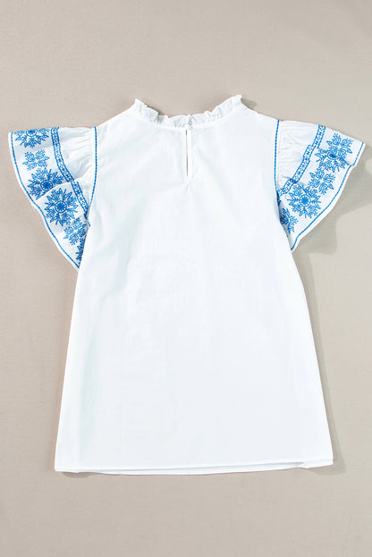 Blouse with Ruffled Sleeve Blue Teacup Detail