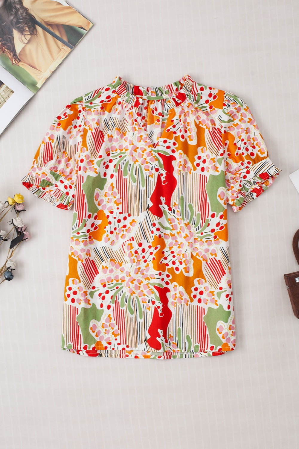 Color Berries Print Notched Short Sleeve Blouse