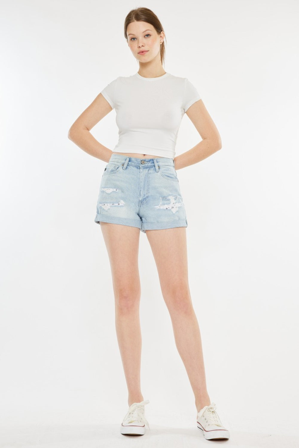 High Rise Repaired Denim Mom Shorts