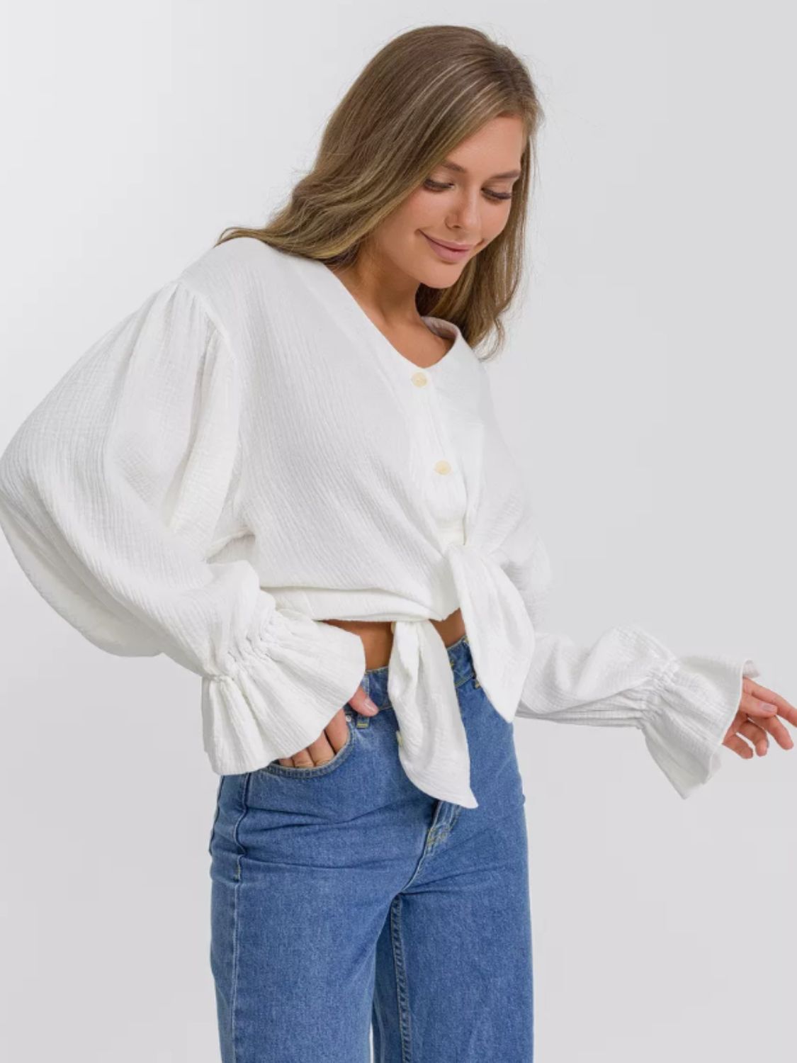 Cotton Button Up Flounce Sleeve Shirt