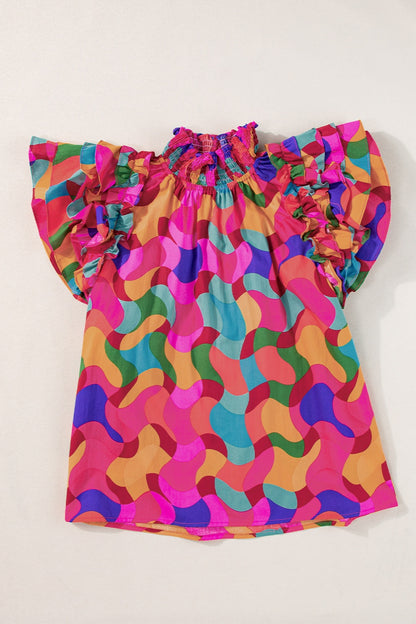 Ruffled Wavy Color Printed Mock Neck Cap Sleeve Blouse