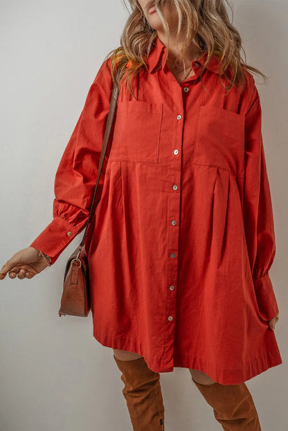 Pocketed Cotton Linen Blend Button Down Long Sleeve Shirt Dress