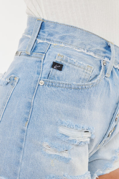 Light to Mid Blue Distressed Button Fly Denim Shorts