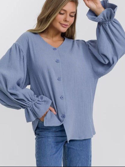 Cotton Button Up Flounce Sleeve Shirt