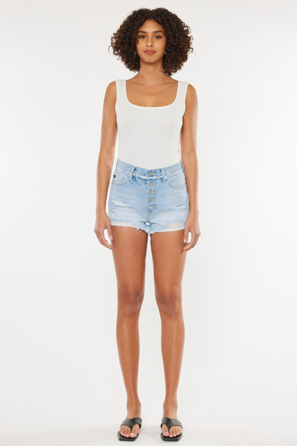 Light to Mid Blue Distressed Button Fly Denim Shorts