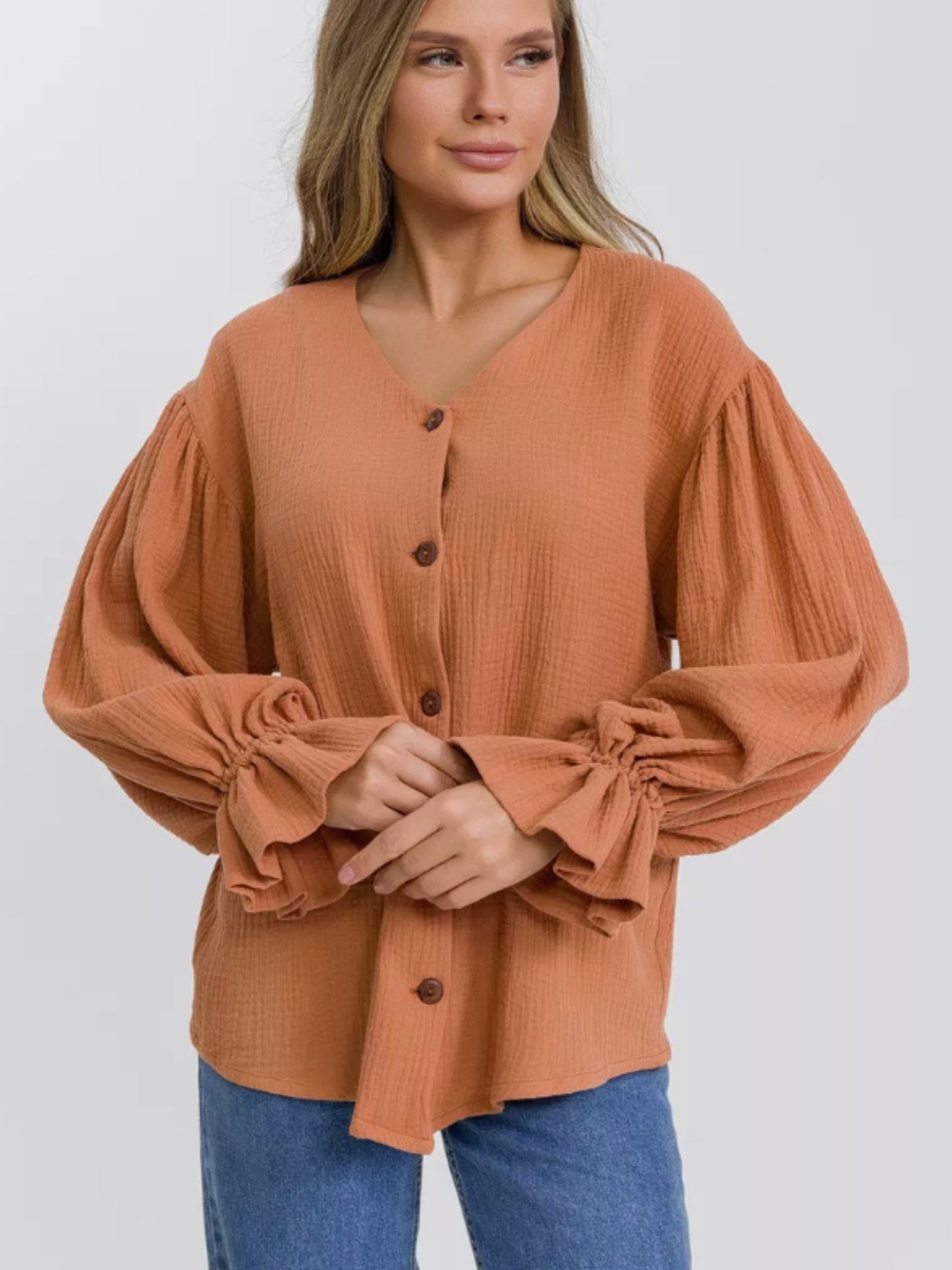 Cotton Button Up Flounce Sleeve Shirt