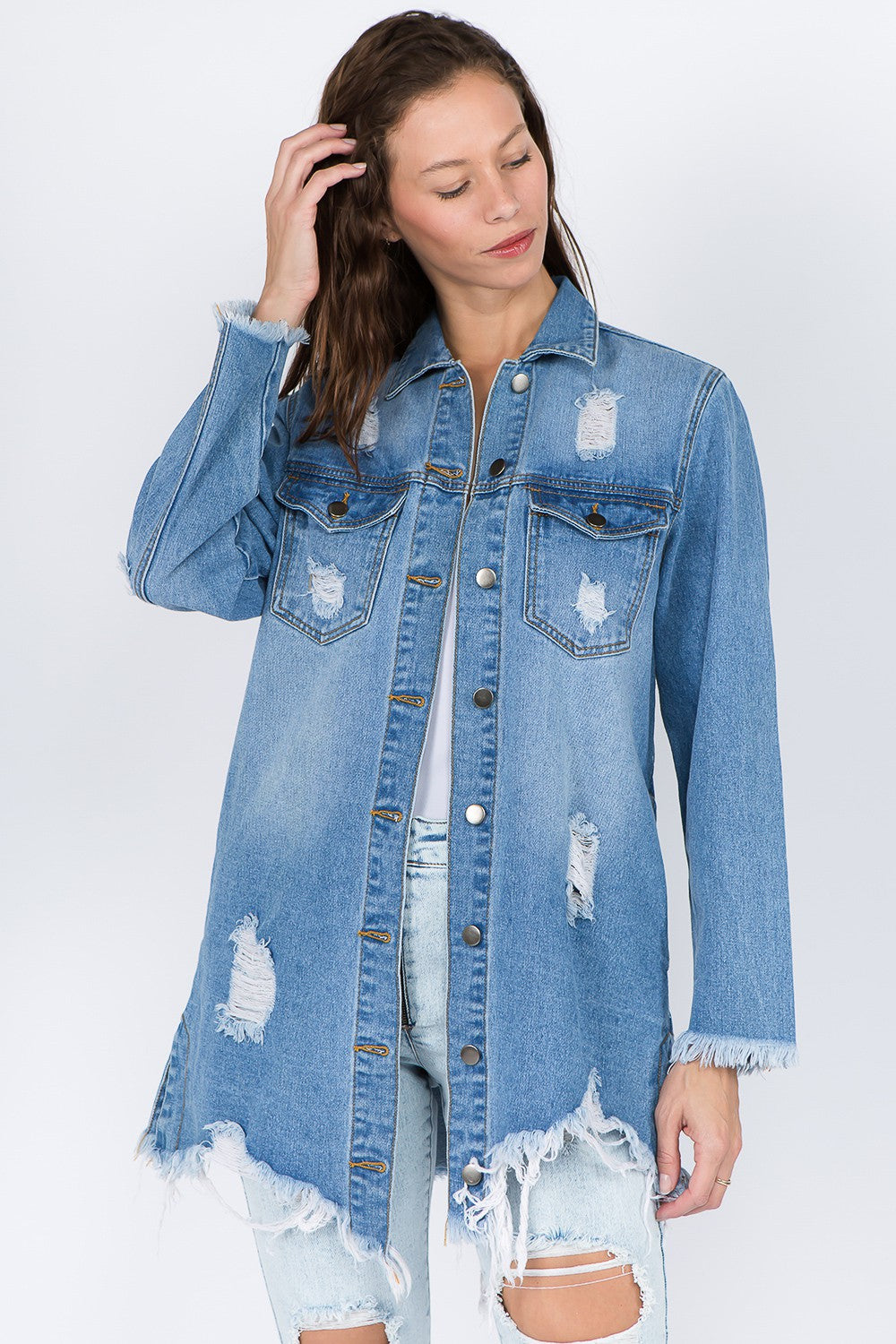 Medium Blue Distressed Frayed Hem Denim Jacket