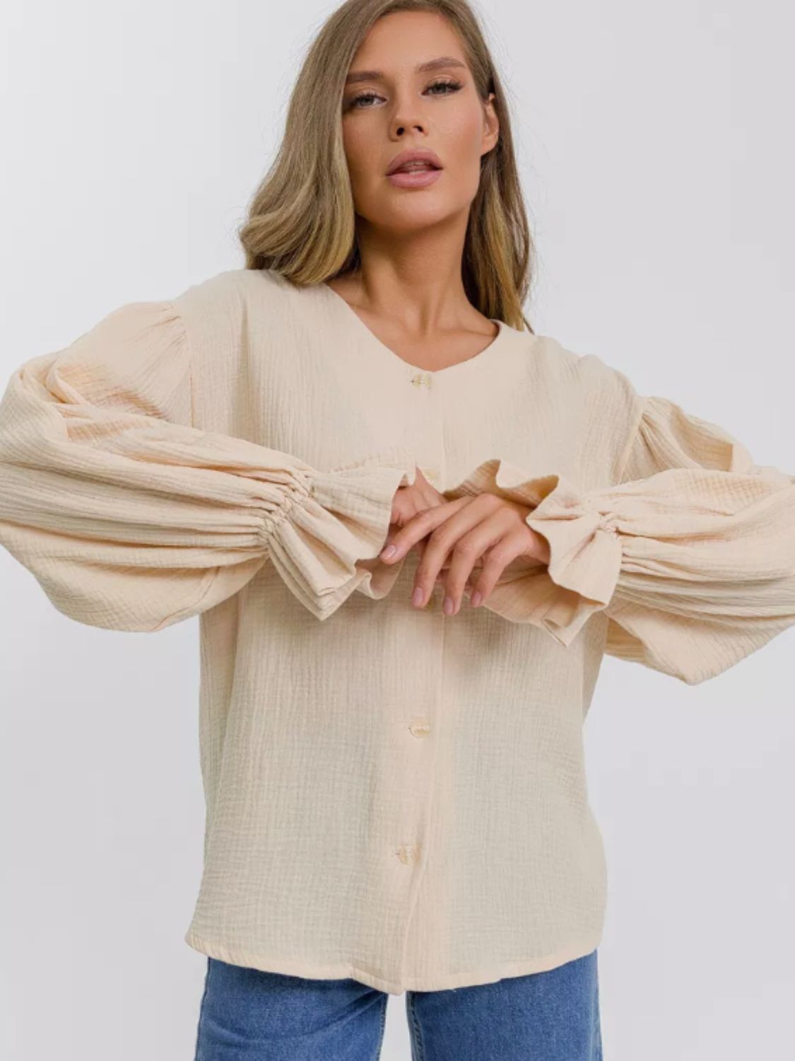 Cotton Button Up Flounce Sleeve Shirt