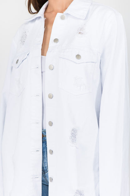 Distressed Frayed Hem Denim Jacket in White