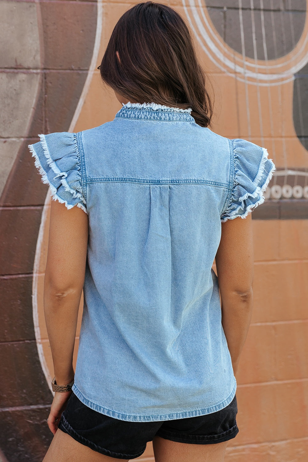 Button Up Cap Sleeve Mid Blue Denim Top