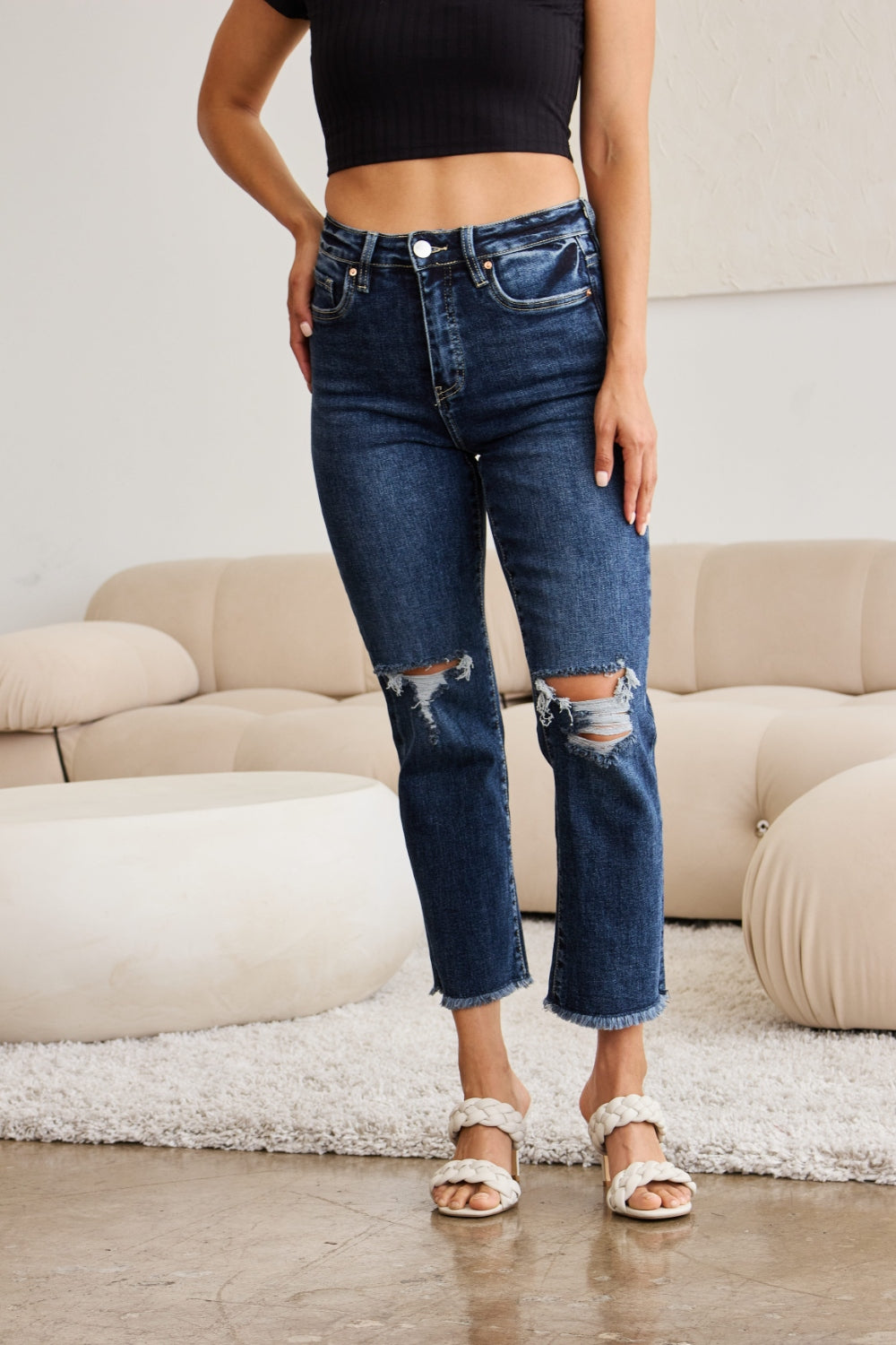 Crop Dylan Full Size Tummy Control Distressed High Waist Raw Hem Jeans