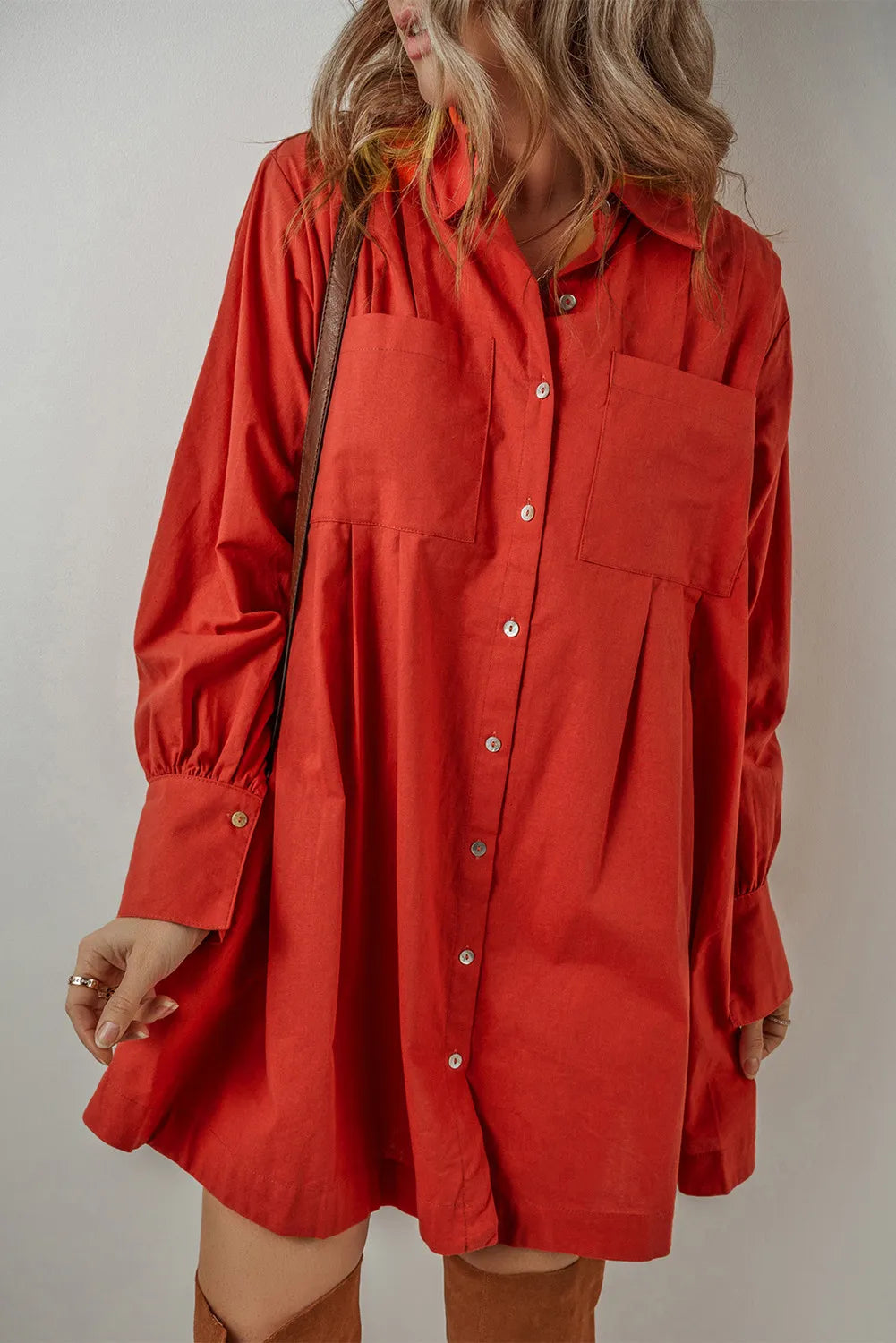 Pocketed Cotton Linen Blend Button Down Long Sleeve Shirt Dress