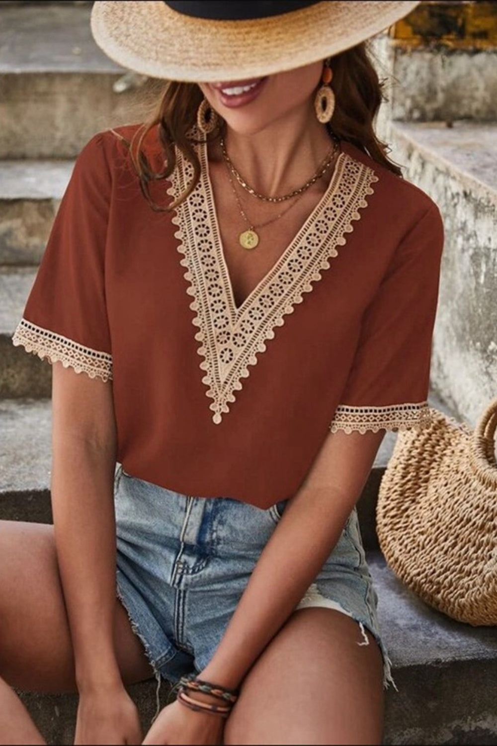 Boho Chic Crochet Short Sleeve Lace Blouse