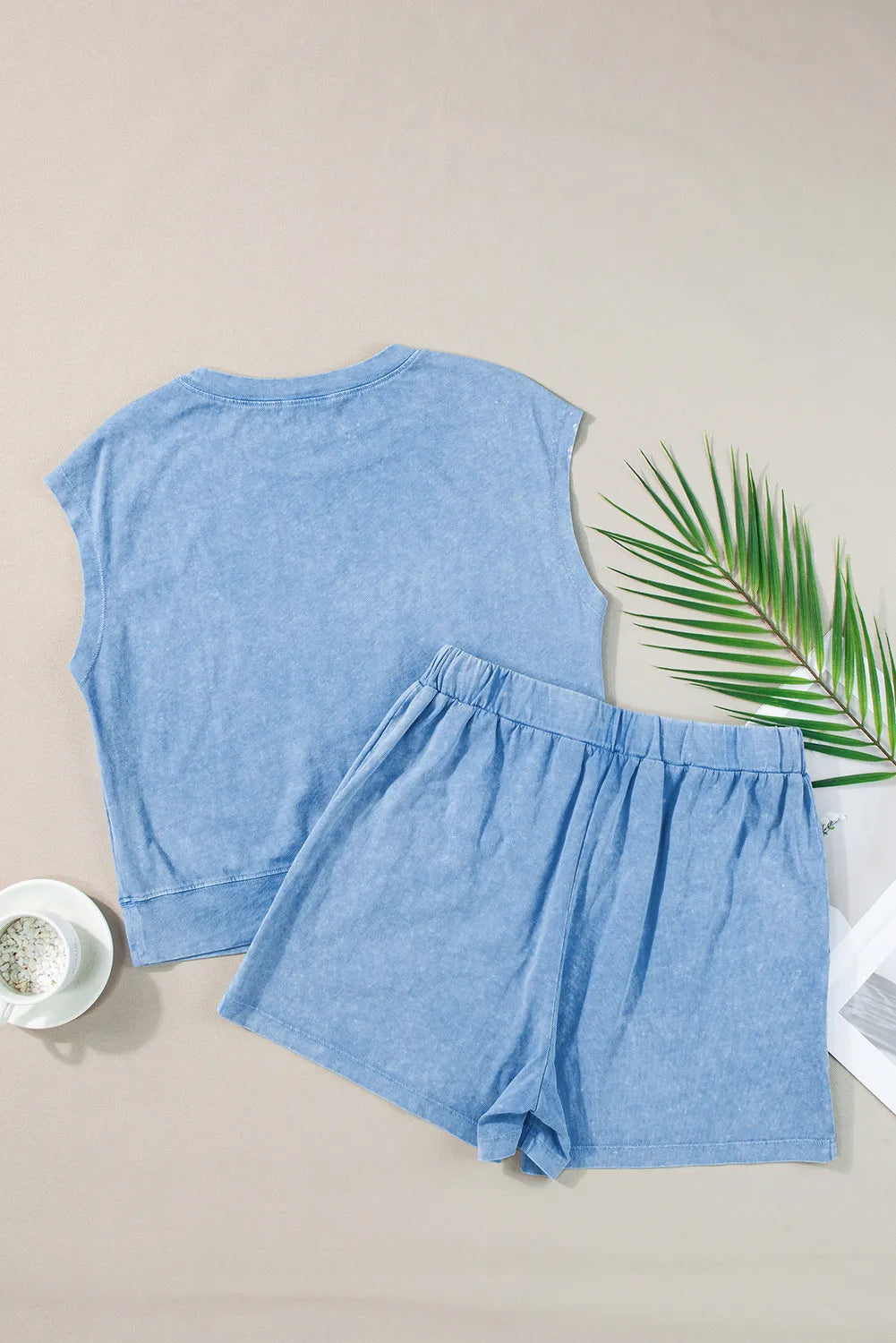 Round Neck Short Sleeve Top and Shorts Set in Light Blue