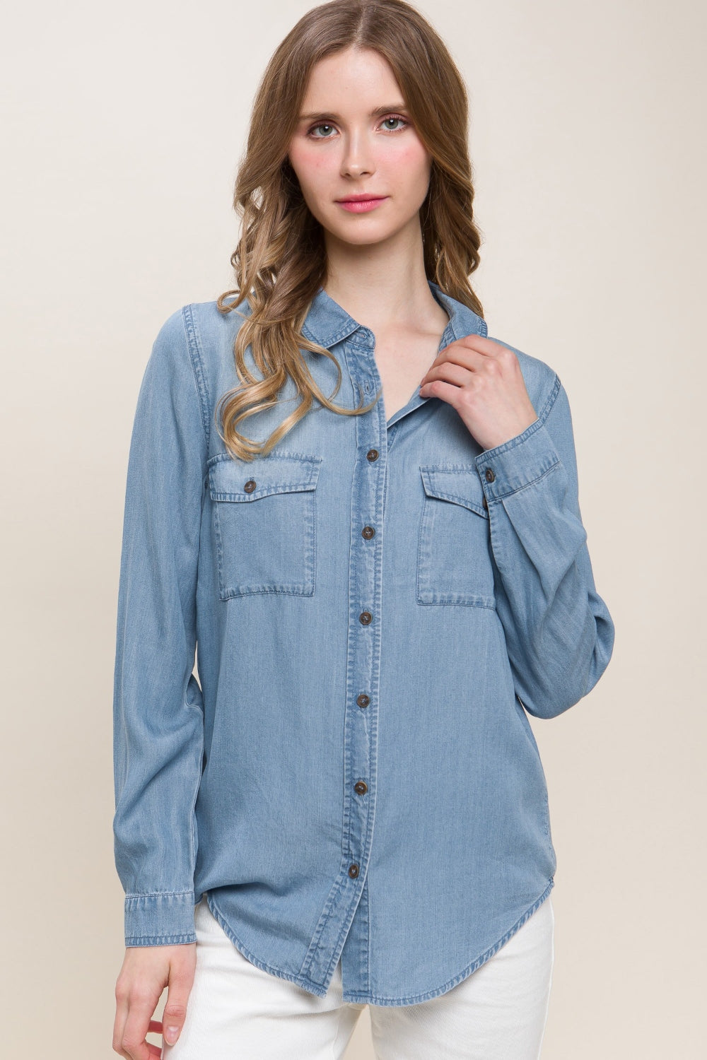 Scooped Hem Button Up Denim Shirt