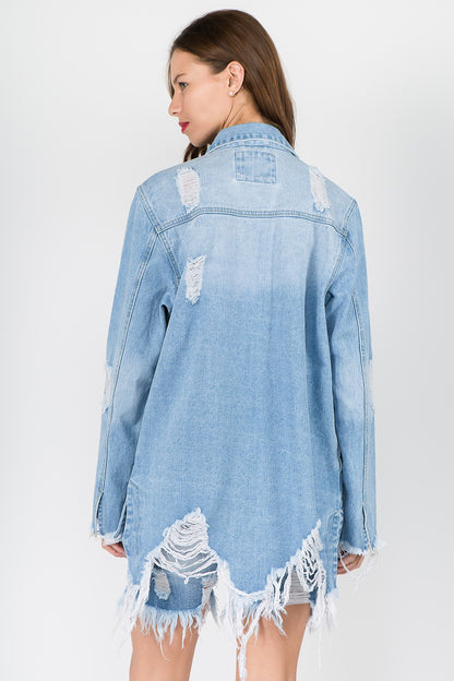 Distressed Frayed Hem Denim Jacket in Light Blue