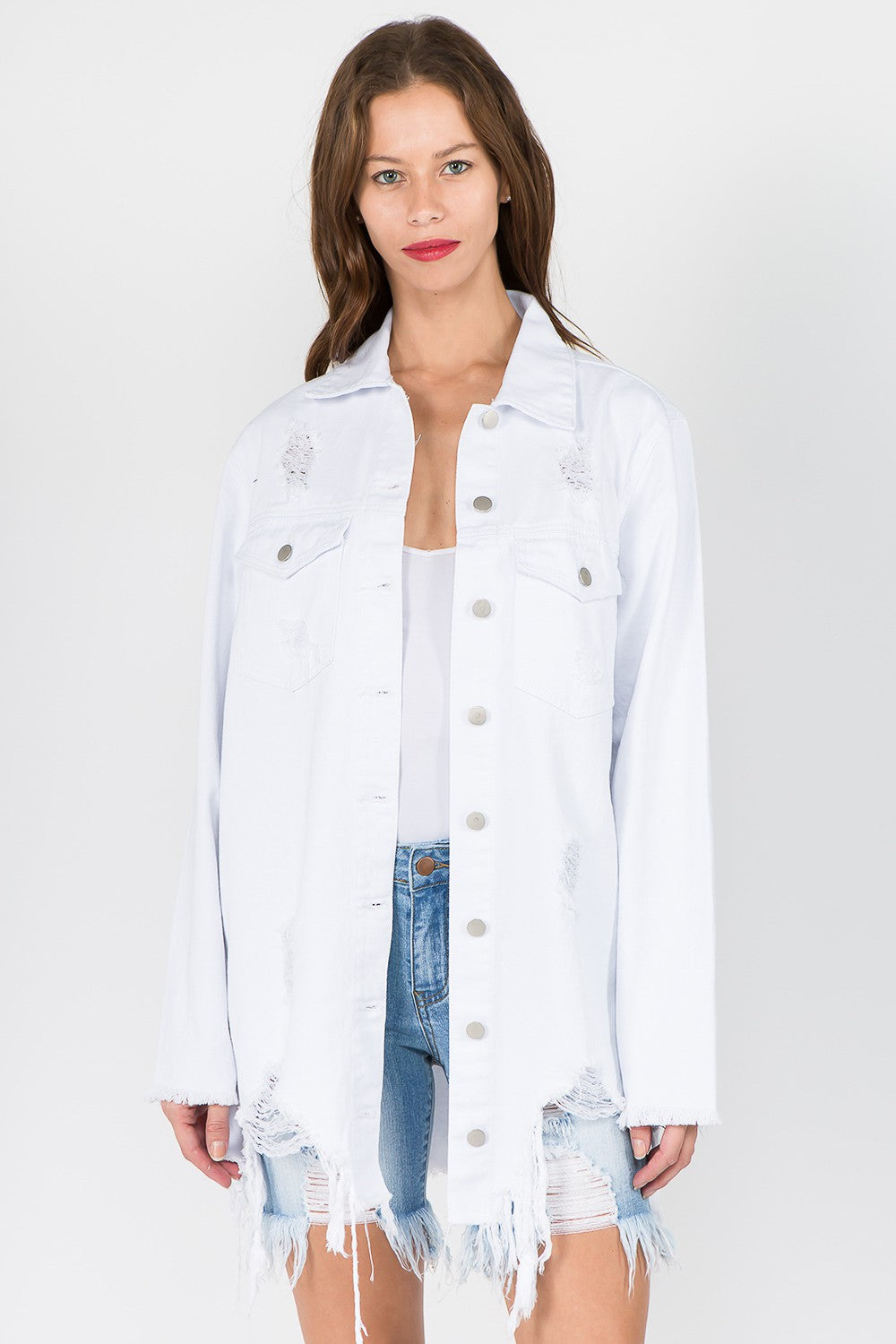 Distressed Frayed Hem Denim Jacket in White