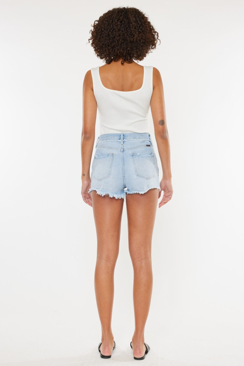 Light to Mid Blue Distressed Button Fly Denim Shorts