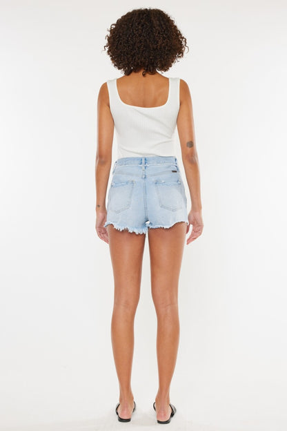 Light to Mid Blue Distressed Button Fly Denim Shorts