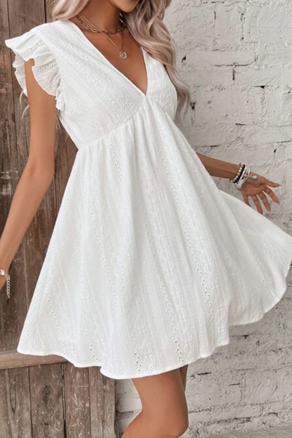 Eyelet Ruffled Cap Sleeve Summer Mini Dress