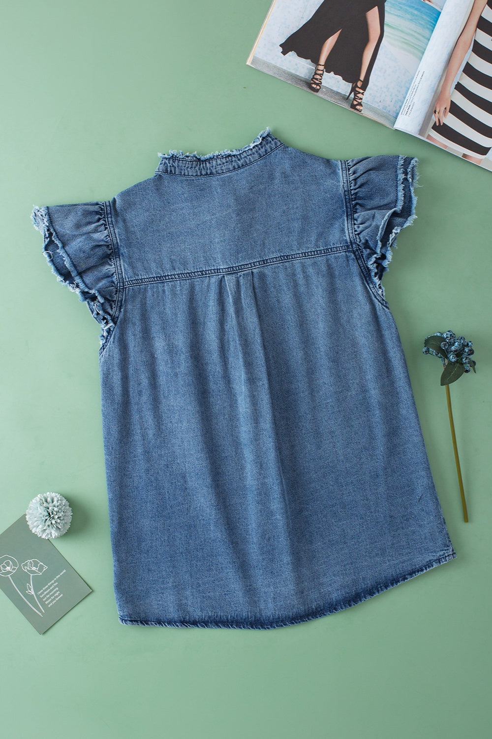 Button Up Cap Sleeve Mid Blue Denim Top