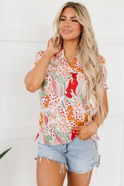 Color Berries Print Notched Short Sleeve Blouse