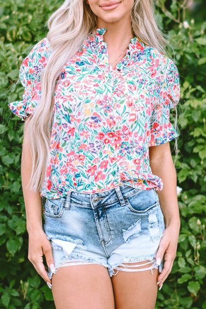 Floral Printed Notched Short Sleeve Blouse