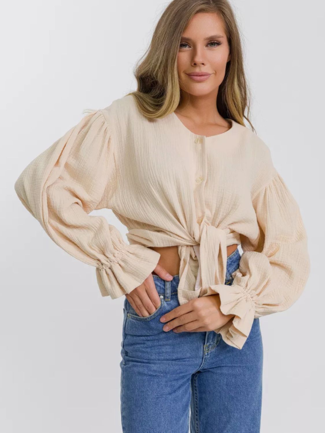 Cotton Button Up Flounce Sleeve Shirt