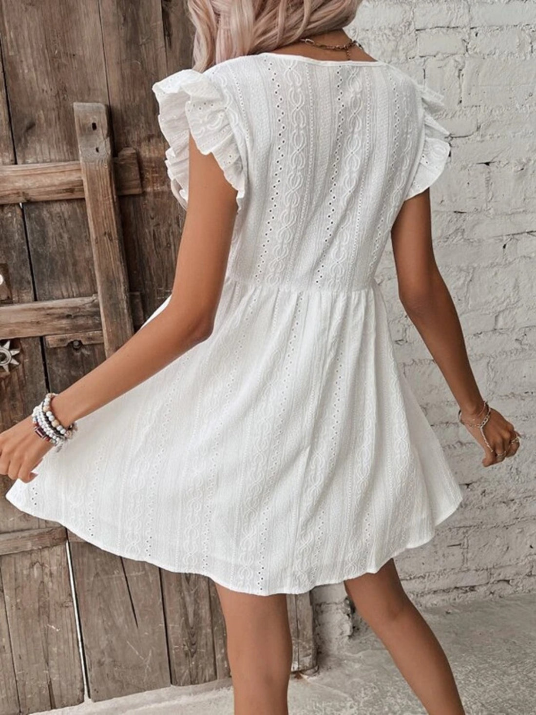 Eyelet Ruffled Cap Sleeve Summer Mini Dress