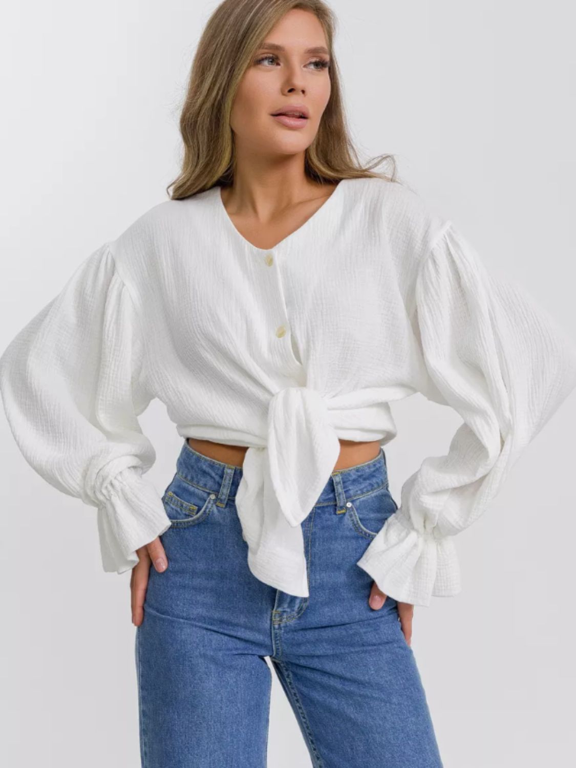 Cotton Button Up Flounce Sleeve Shirt