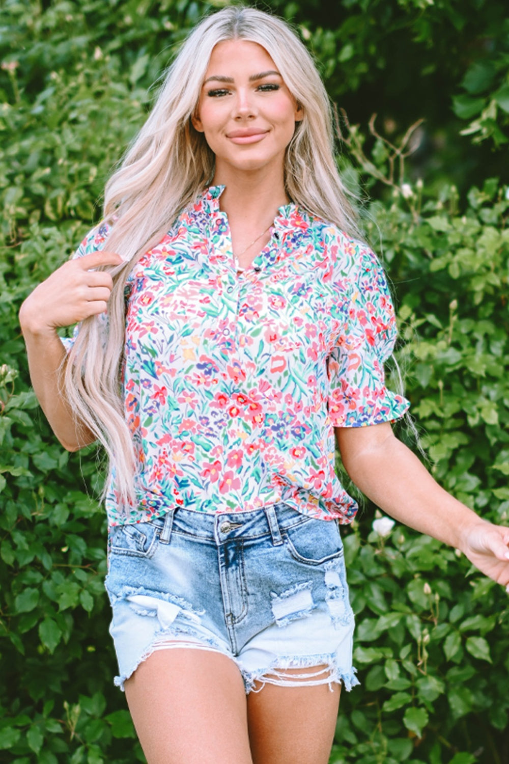 Floral Printed Notched Short Sleeve Blouse