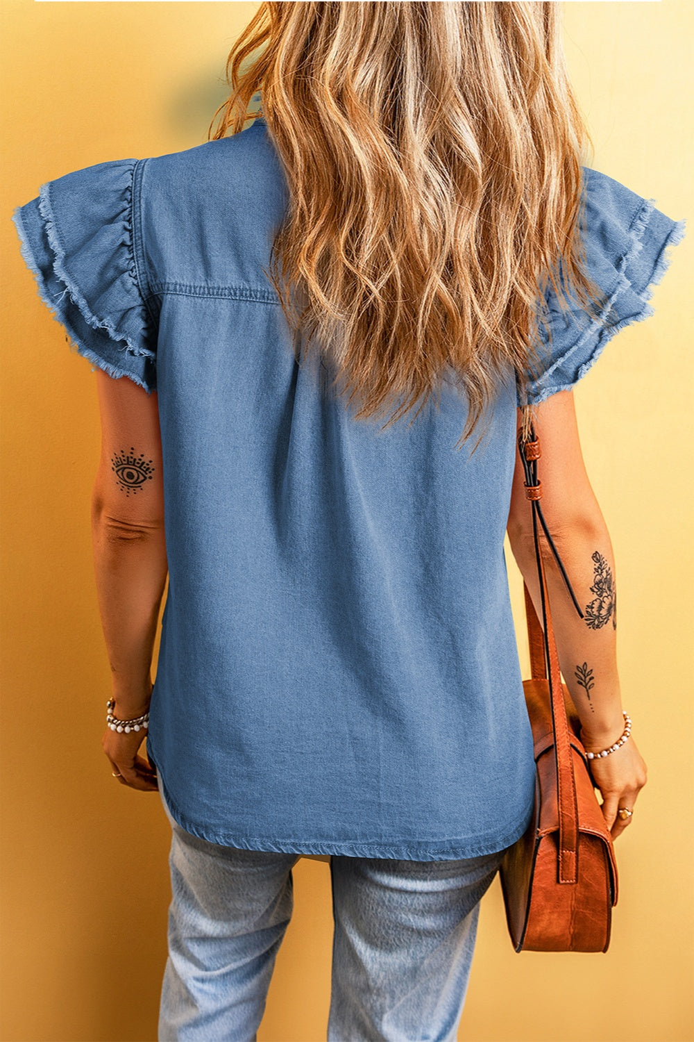 Button Up Cap Sleeve Mid Blue Denim Top