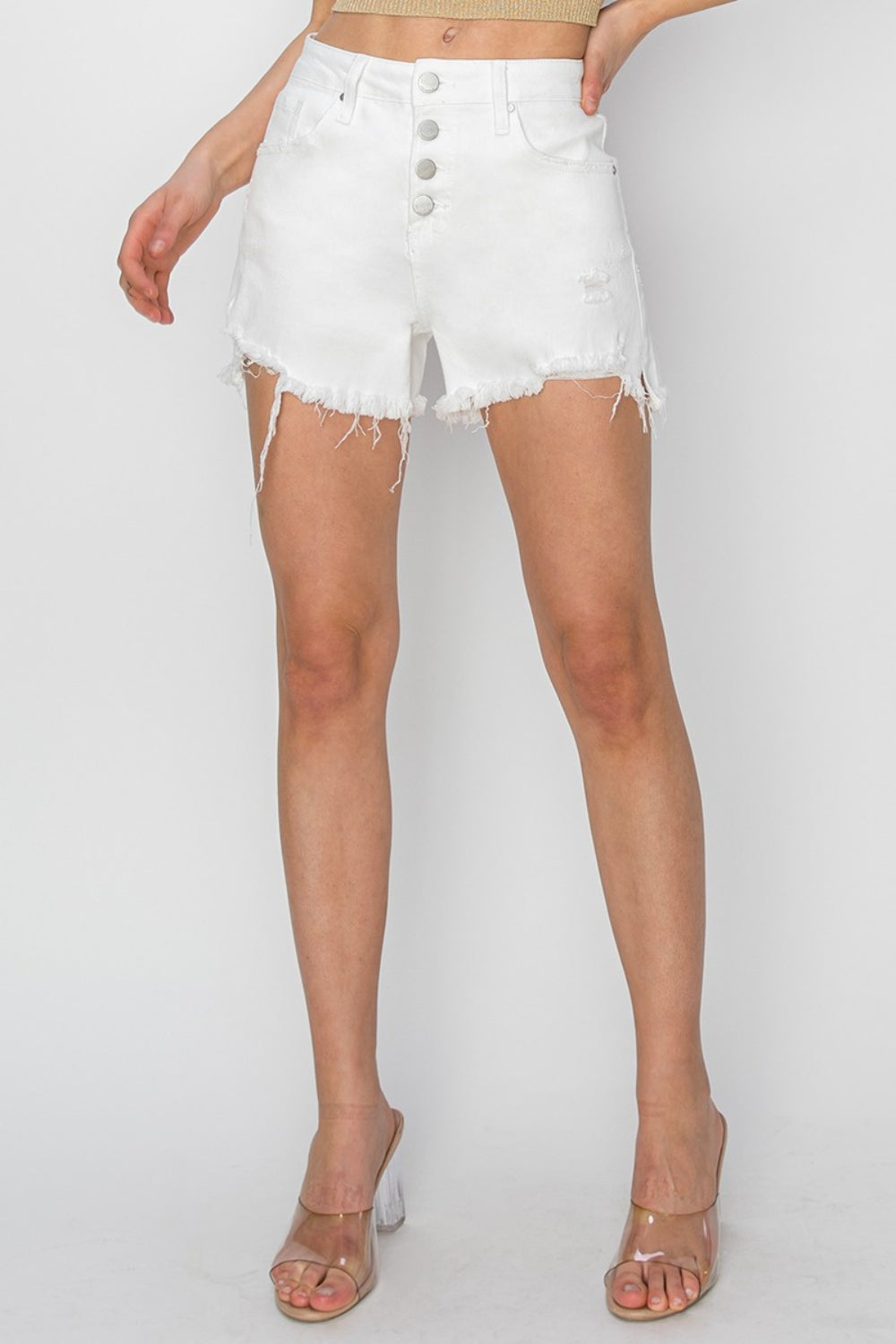 Button Fly Frayed Hem Denim White Booty Shorts