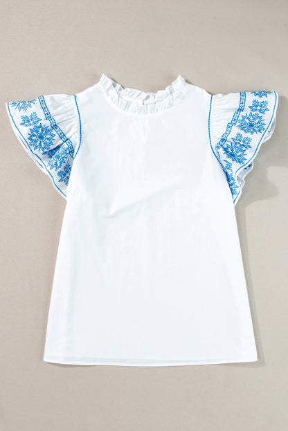 Blouse with Ruffled Sleeve Blue Teacup Detail