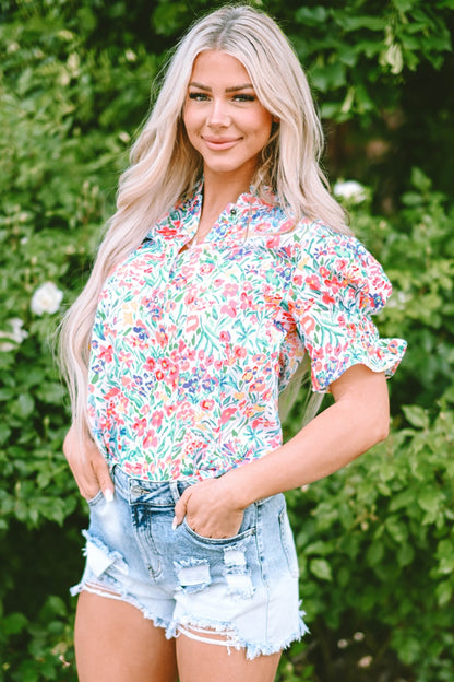 Floral Printed Notched Short Sleeve Blouse