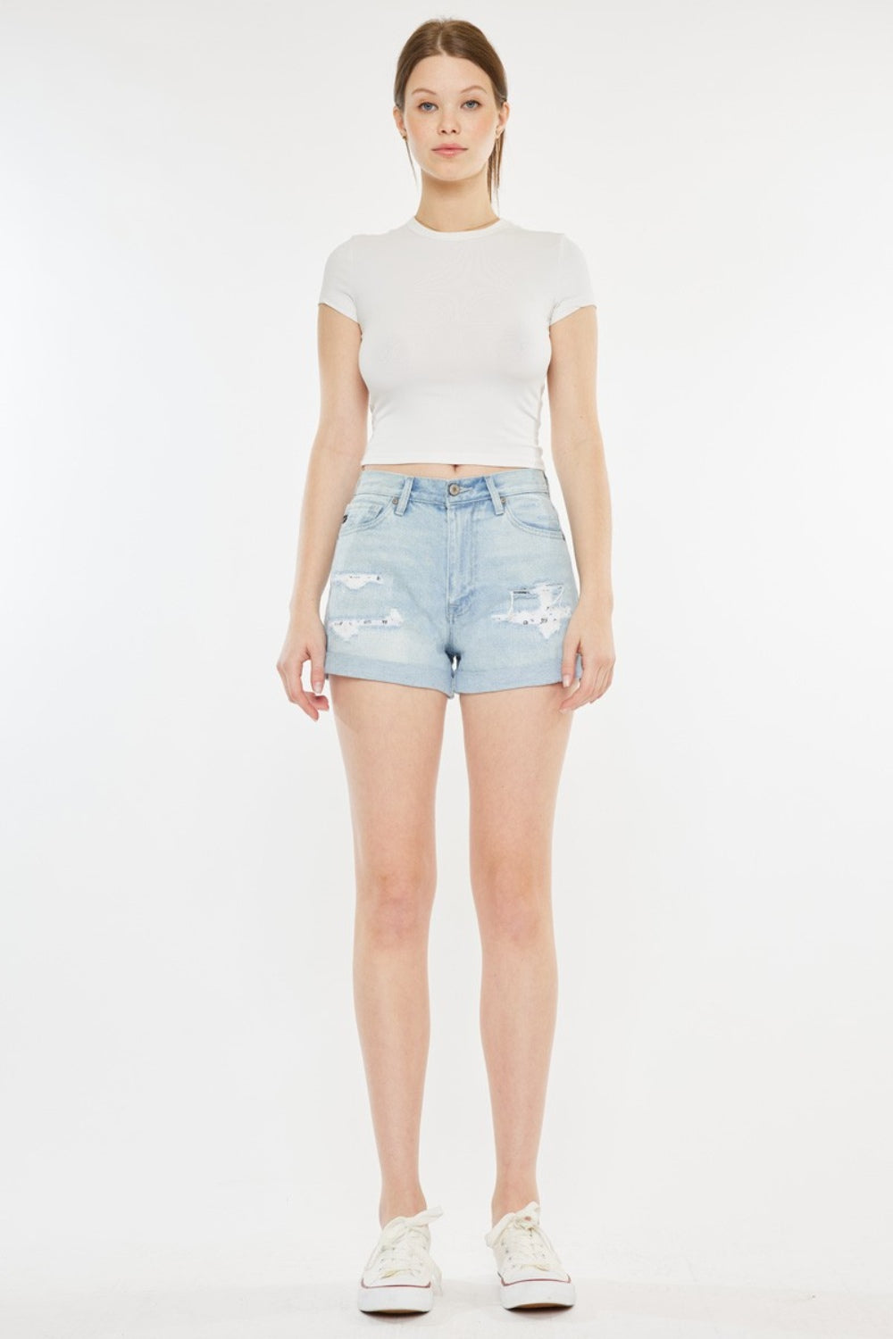 High Rise Repaired Denim Mom Shorts