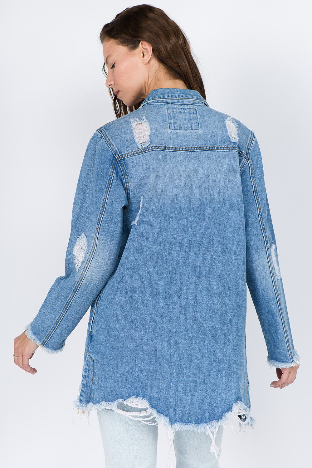 Medium Blue Distressed Frayed Hem Denim Jacket