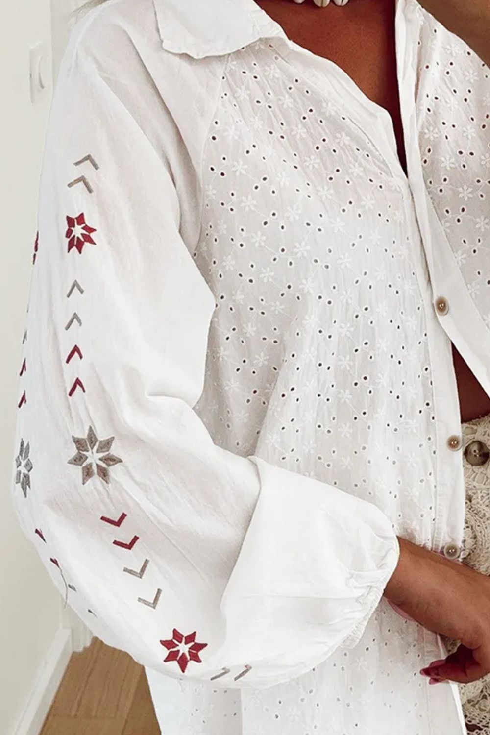 Star Detail White Eyelet Collared Neck Long Sleeve Shirt