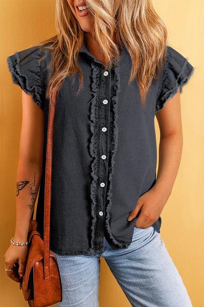 Button Up Cap Sleeve Mid Blue Denim Top