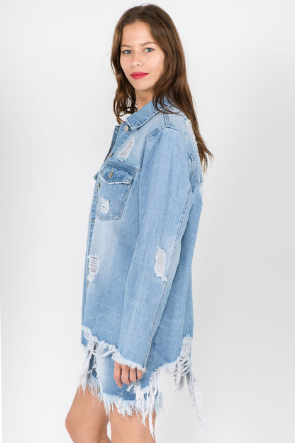 Distressed Frayed Hem Denim Jacket in Light Blue