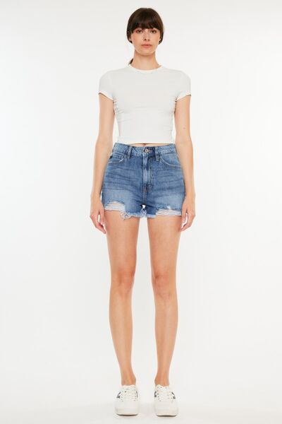 Distressed Raw Hem High Waist Denim Shorts